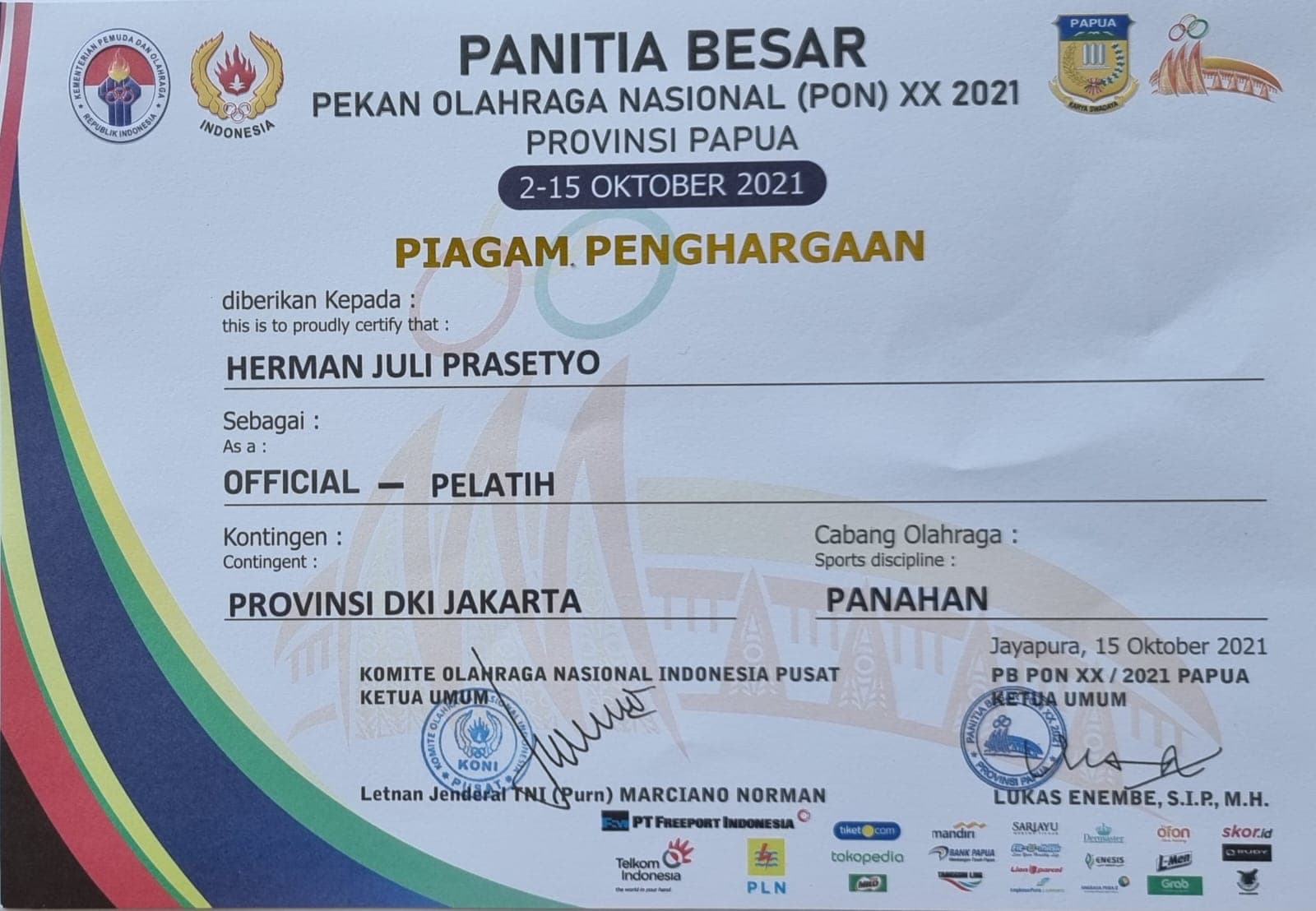 Sertifikat Official Pelatih PON XX Papua 2021